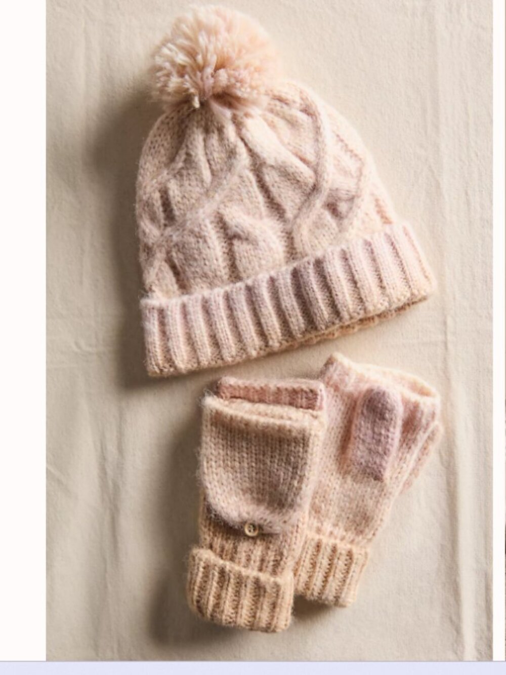 Free People Cream Knit Pom Beanie with Bow Mittens
